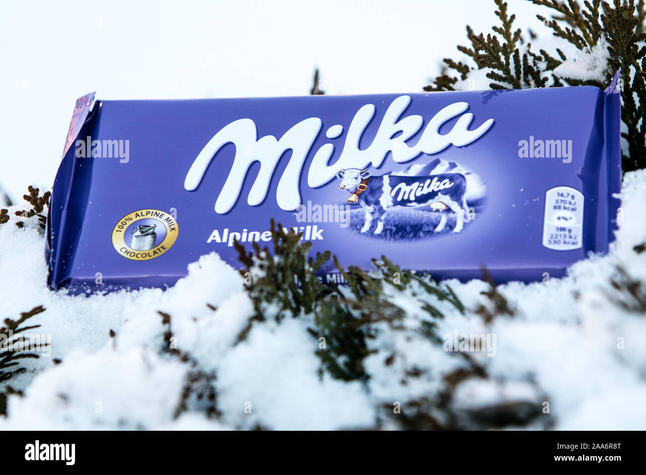 A bar of Milka Mondelez Alpenmilch milk chocolate with the purple cow, winter, snow Stock Photo