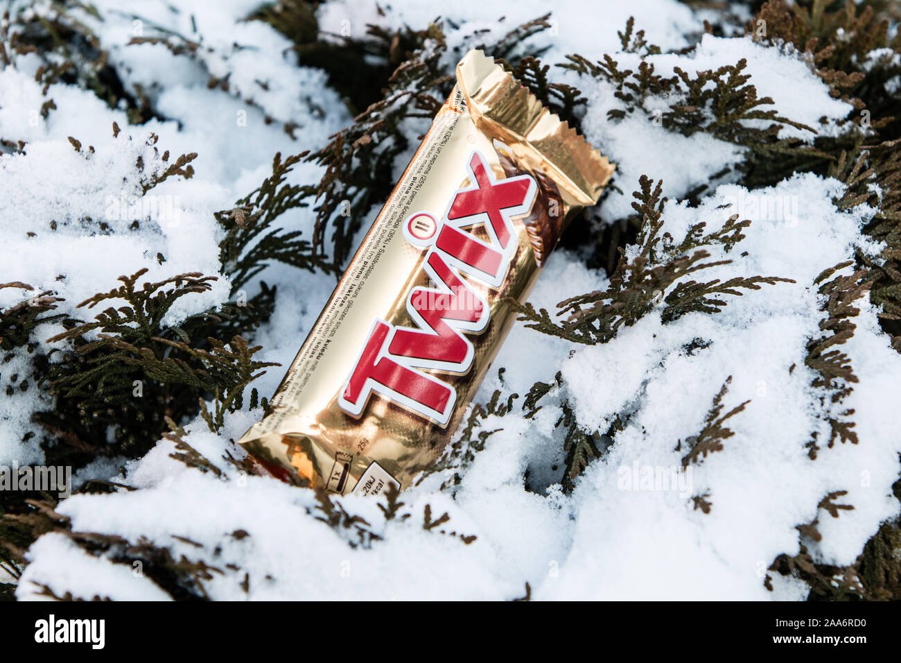 Twix bar, outside, winter, snow in background Stock Photo