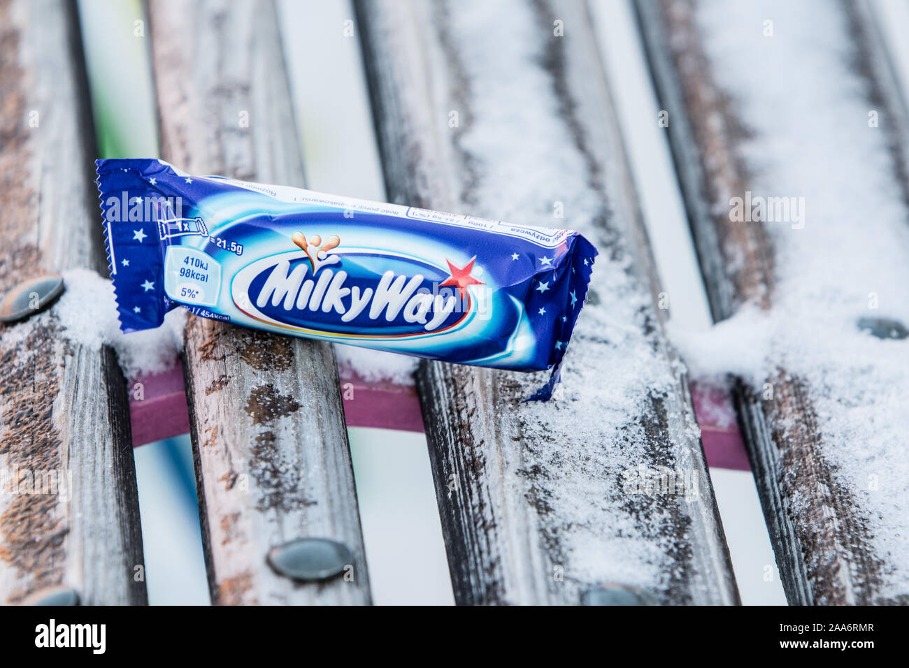 Milky Way chocolate bar candy, winter, snow in background Stock Photo