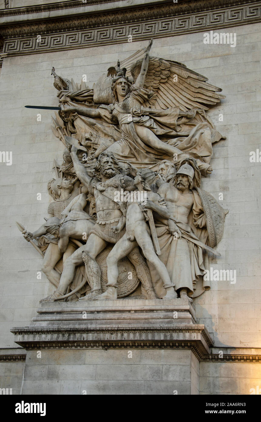 Carving details on the outer wall of Arc de Triomphe in Paris, France ...