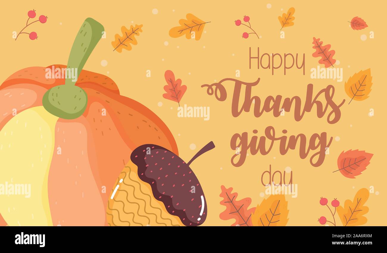 happy thanksgiving day pumpkin acorn foliage background vector ...