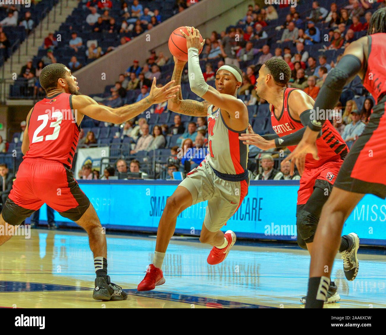 Oxford, MS, USA. 19th Nov, 2019. Ole' Miss guard, Austin Crowley (1),  drives to the basket during the NCAA basketball game between the Seattle  Redhawks and the Ole' Miss Rebels at The