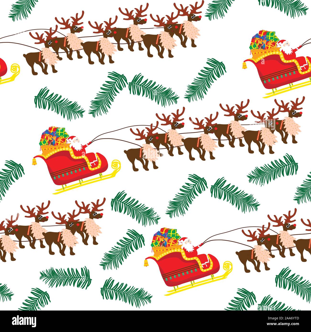 Santa Claus Sledge And Fir Twig Seamless Pattern Christmas
