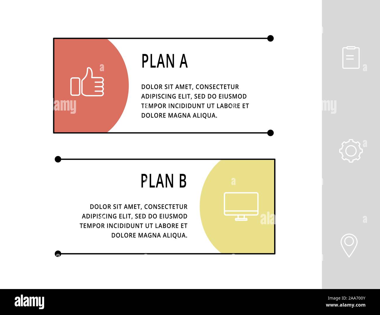 Vector infographic template with rectangles. Business data visualization with 2 options and marketing icons. Two steps for content, process, timeline Stock Vector