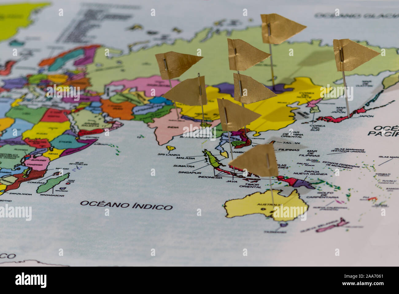 Pinpoint Countries On World Map Colored Pinpoint Map With Flags As Signs Of Countries Visited Stock Photo -  Alamy