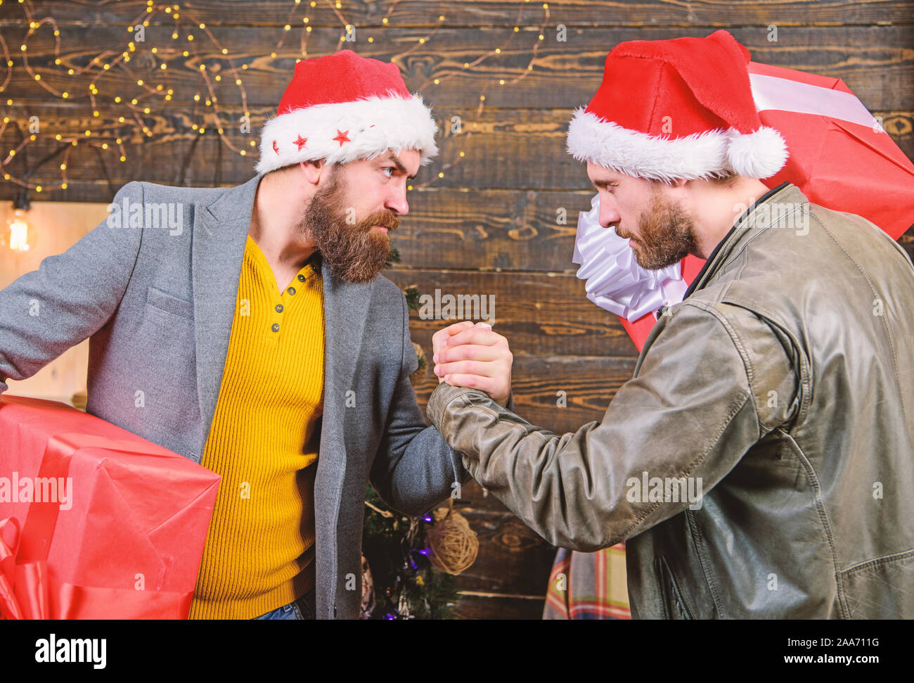 Bearded Men Carry Present Boxes Brutal Hipster Guys Celebrate Christmas With Gifts Delivery Christmas Present Christmas Is Coming Get Ready For Christmas Men Wear Santa Hat Hold Gift Boxes Stock Photo