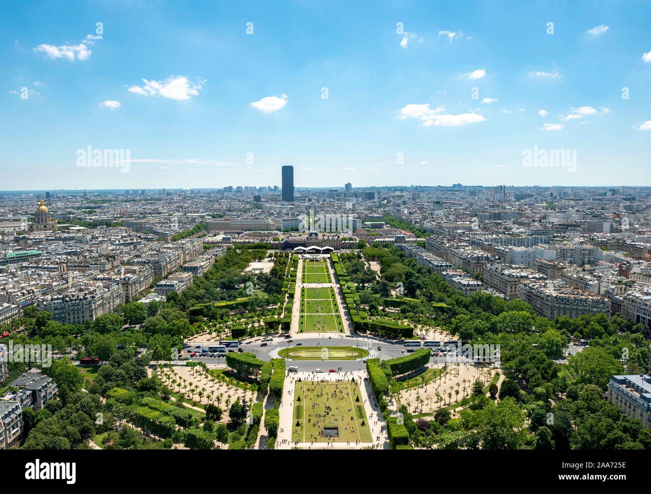 Cityscape, view from the Eiffel Tower over Parc du Champ de Mars, Montparnasse Tower behind, Paris, Ile-de-France, France Stock Photo