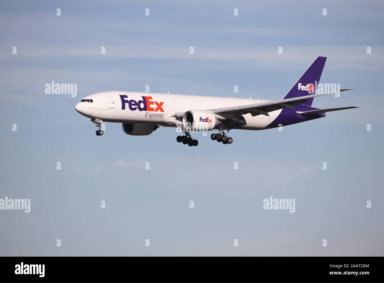 FedEx airplane landing at the Liege Airport, Belgium Stock Photo