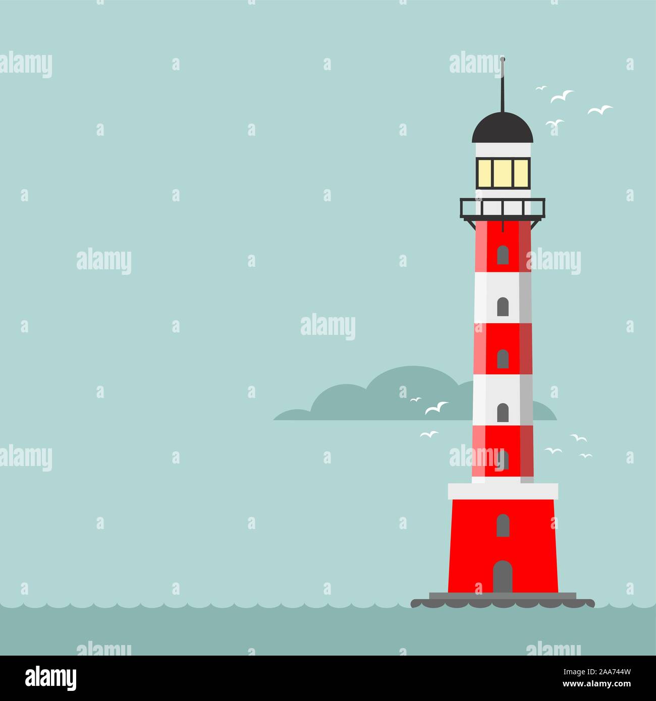 Vector cartoon flat lighthouse. Searchlight tower for maritime navigation guidance Stock Vector