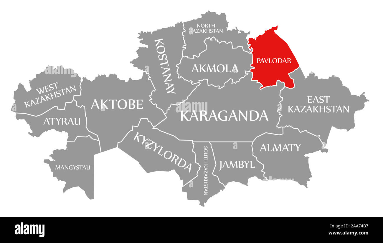 Pavlodar red highlighted in map of Kazakhstan Stock Photo