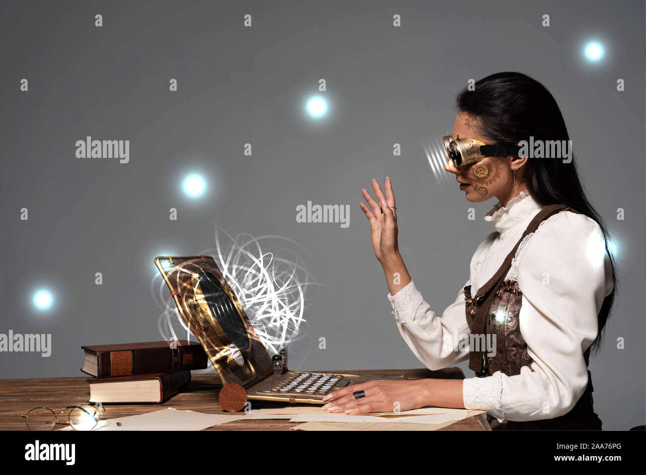 Steampunk Woman In Goggles Waving Hand During Video Chat With Glowing Digital Illustration Isolated On Grey Stock Photo Alamy Steampunk Woman In Goggles Waving Hand During Video Chat With Glowing Digital Illustration Isolated On Grey Stock Photo Alamy