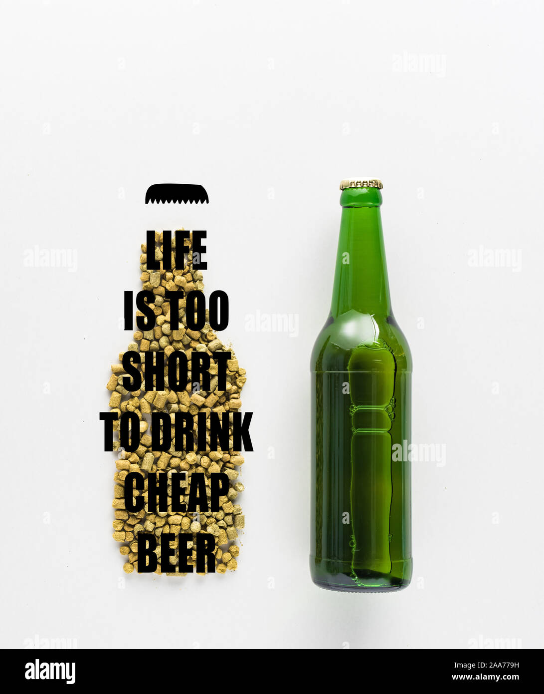 top view of bottle of beer near pressed hop with life is too short to drink cheap beer lettering isolated on white Stock Photo