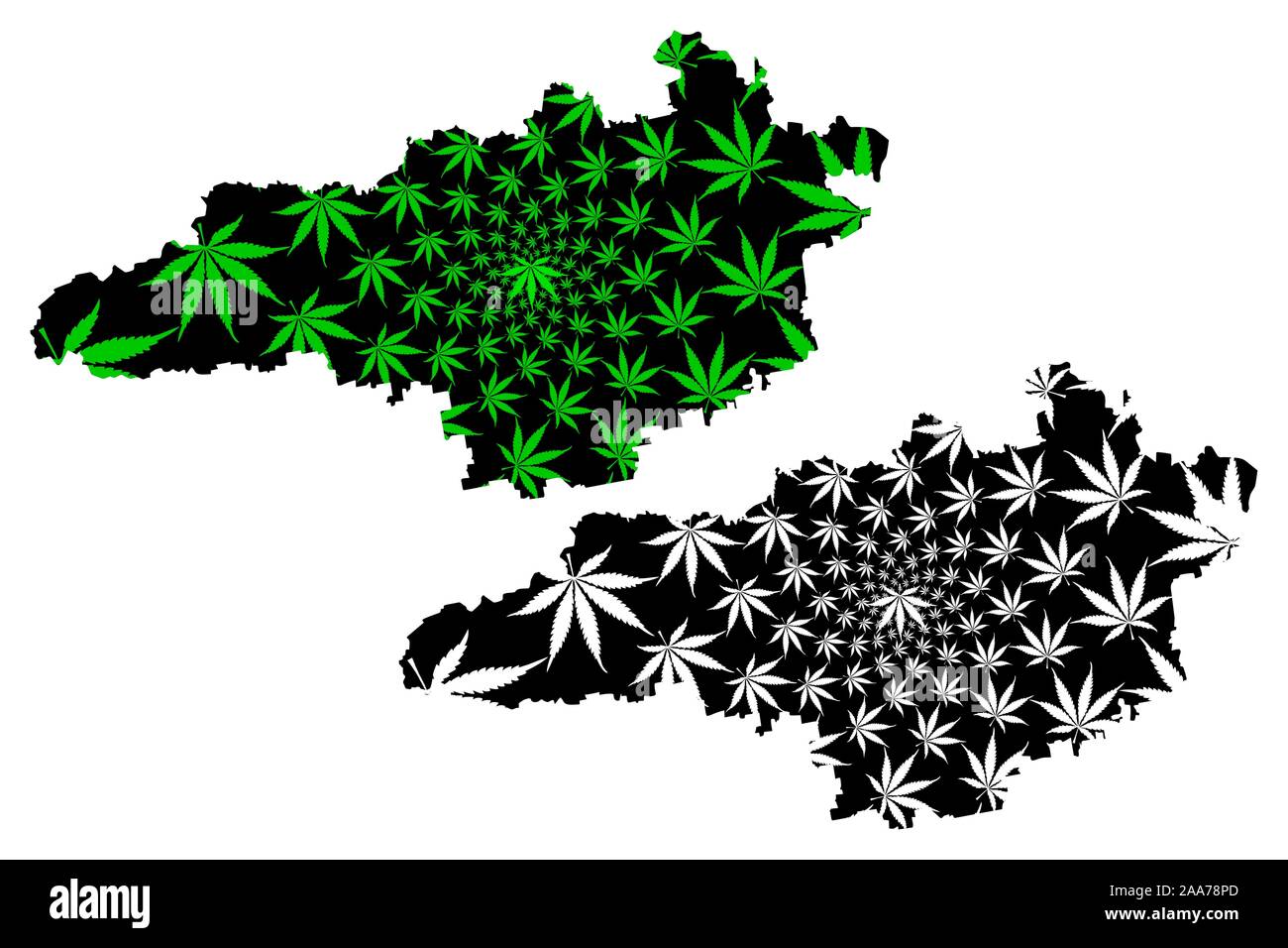 Kirovohrad Oblast (Administrative divisions of Ukraine) map is designed cannabis leaf green and black, Kirovohradschyna (Kropyvnytskyi) map made of ma Stock Vector