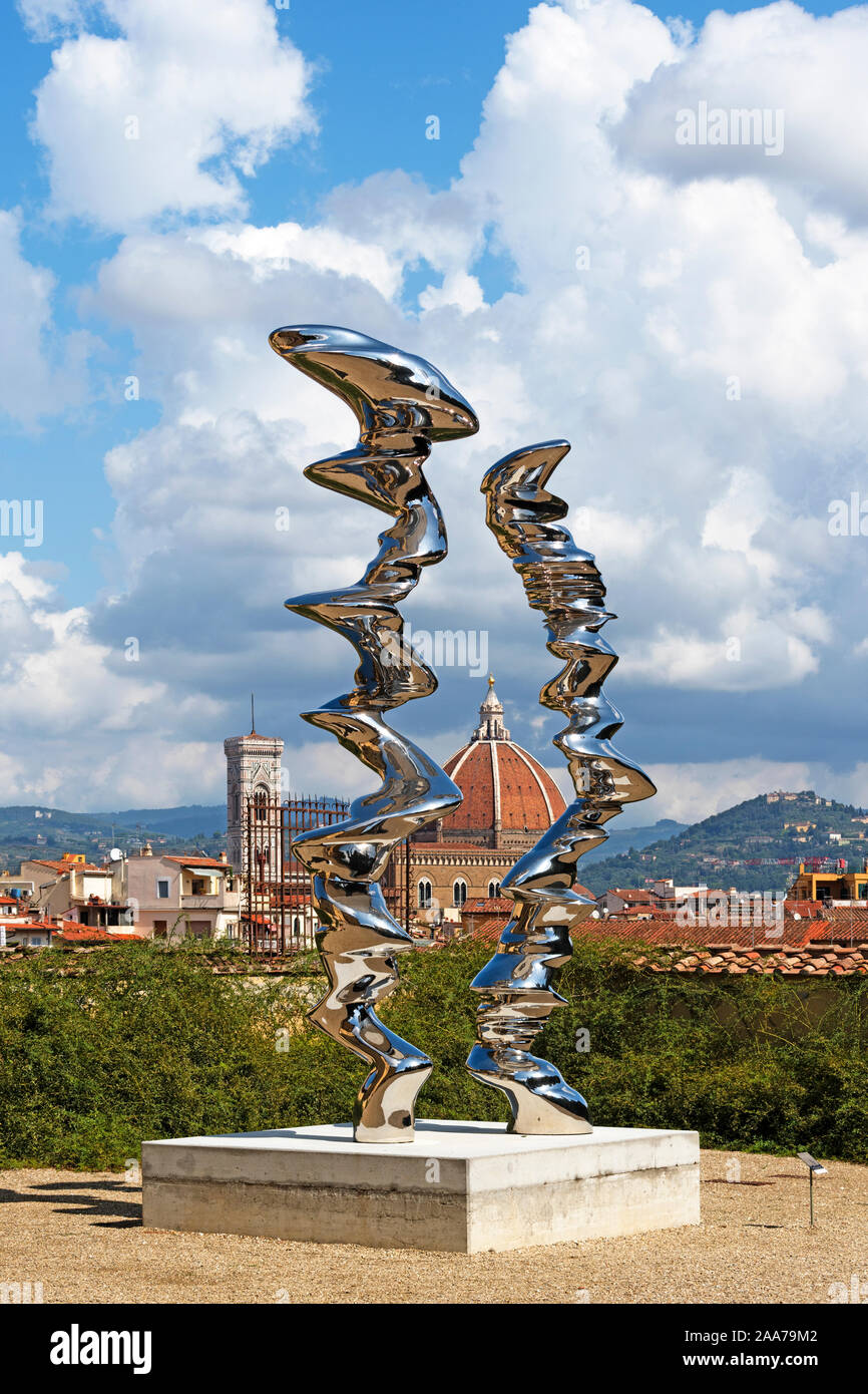 tony cragg sculptures, elliptical column and point of view at boboli gardens in florence, italy. Stock Photo