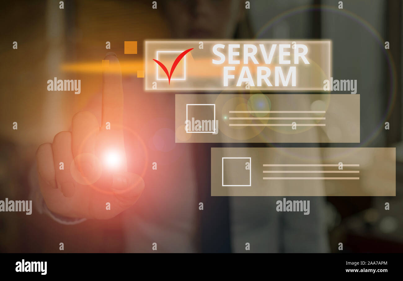 Conceptual hand writing showing Server Farm. Concept meaning a group of ...