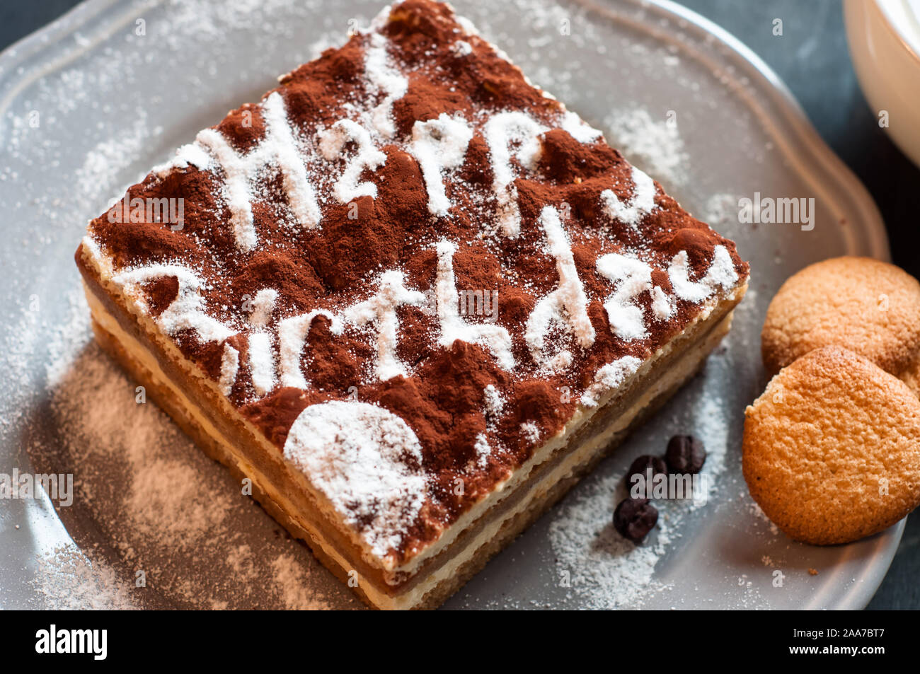 Tiramisu Cake Tiramisu Cake Decorated With The Words Happy Birthday Top View Top View Stock Photo Alamy