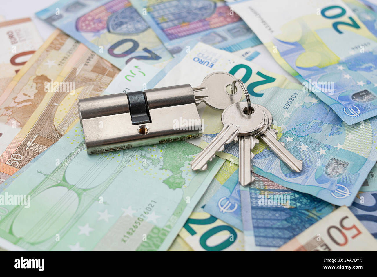 Keychain with lock on a background of varied euro bills Stock Photo