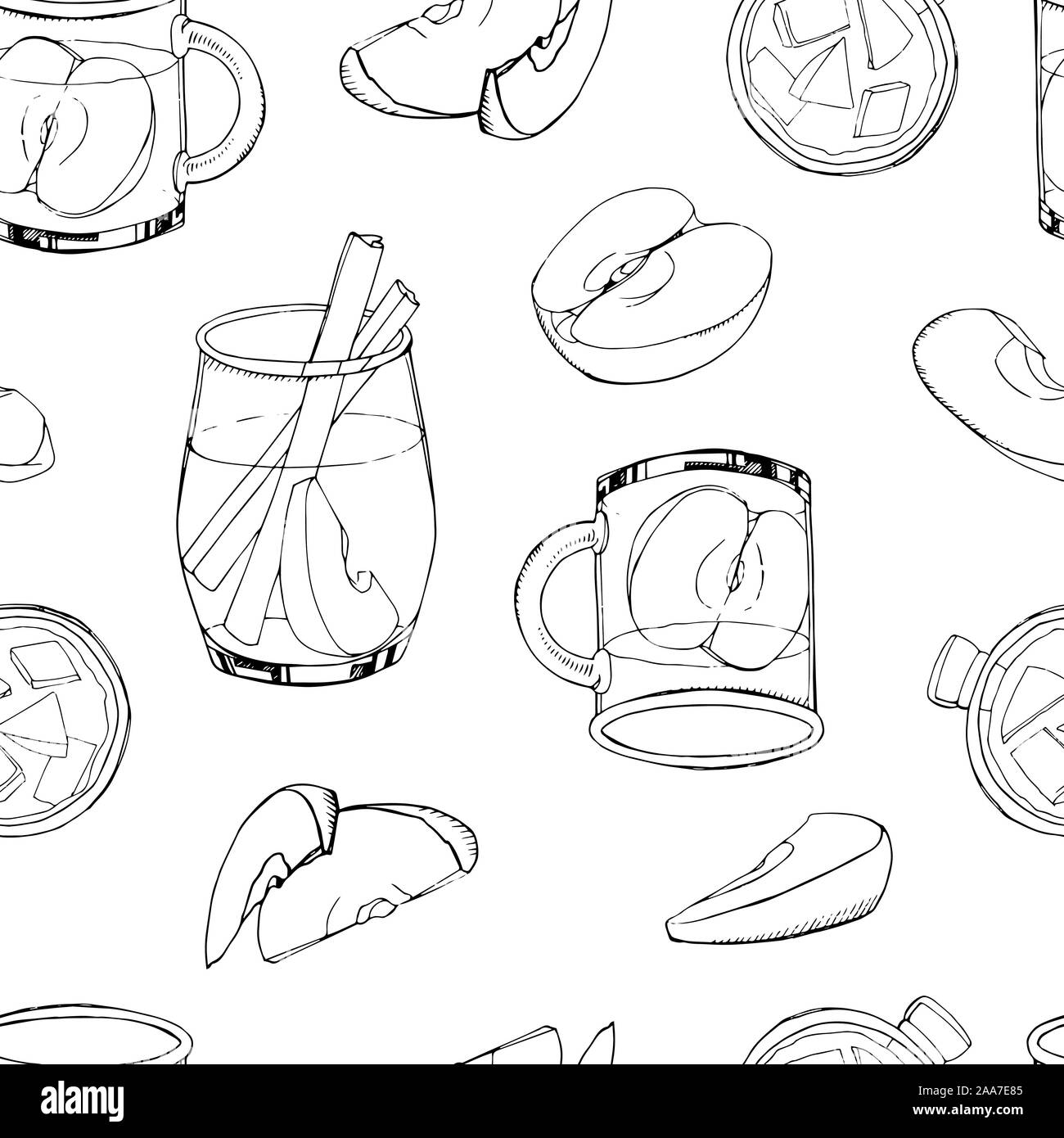 Vector illustration. Hand drawn seamless pattern with hot winter drinks isolated on white background. Apple cider. Print for New Year design. Monochro Stock Vector
