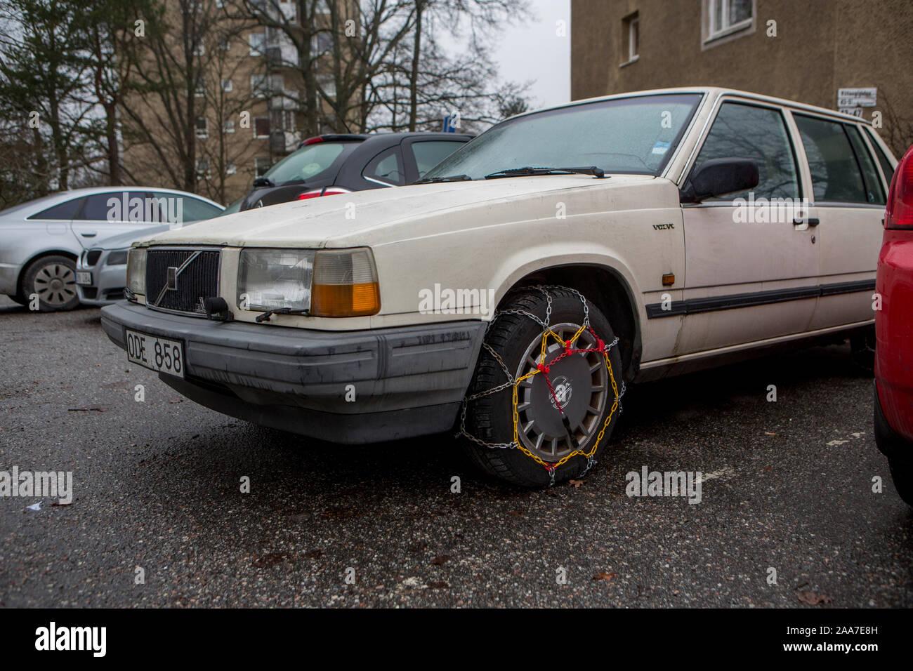 An old Volvo with snow chains, Stockholm, Sweden. Stock Photo