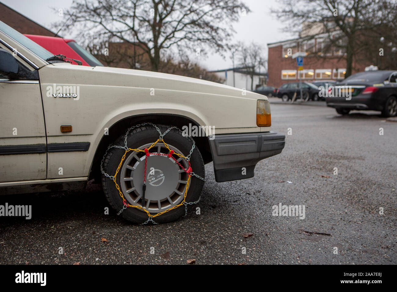 An old Volvo with snow chains, Stockholm, Sweden. Stock Photo