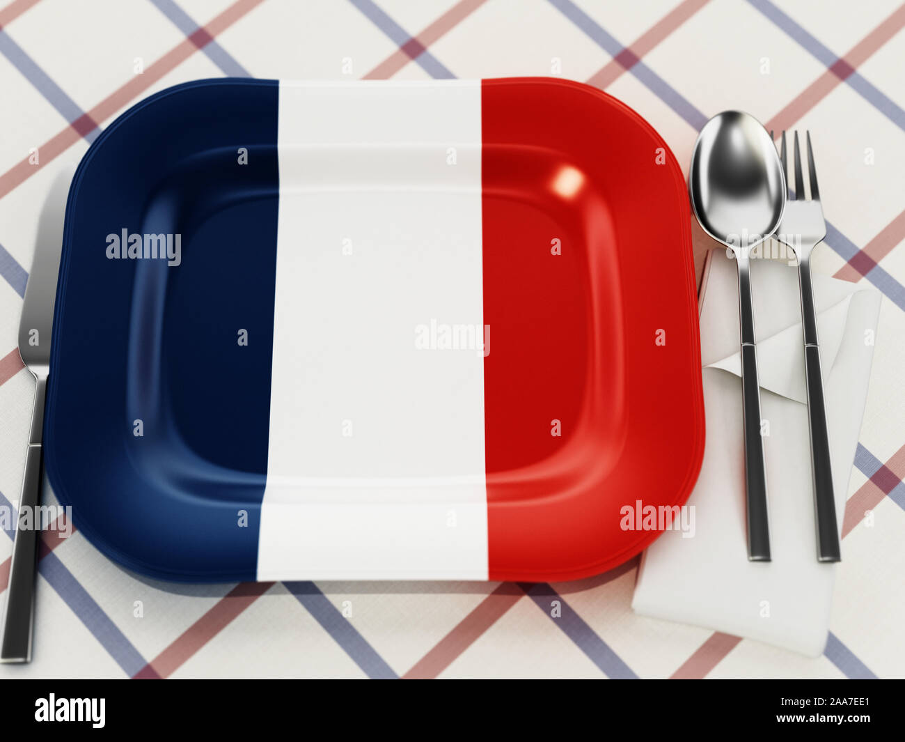 French cuisine concept with French flag textured serving plate. 3D illustration. Stock Photo