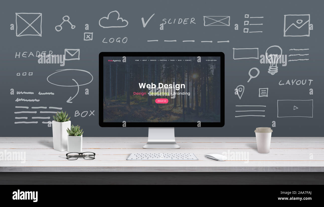  design concept with computer display, web theme and drawings of website, app parts. Modern
