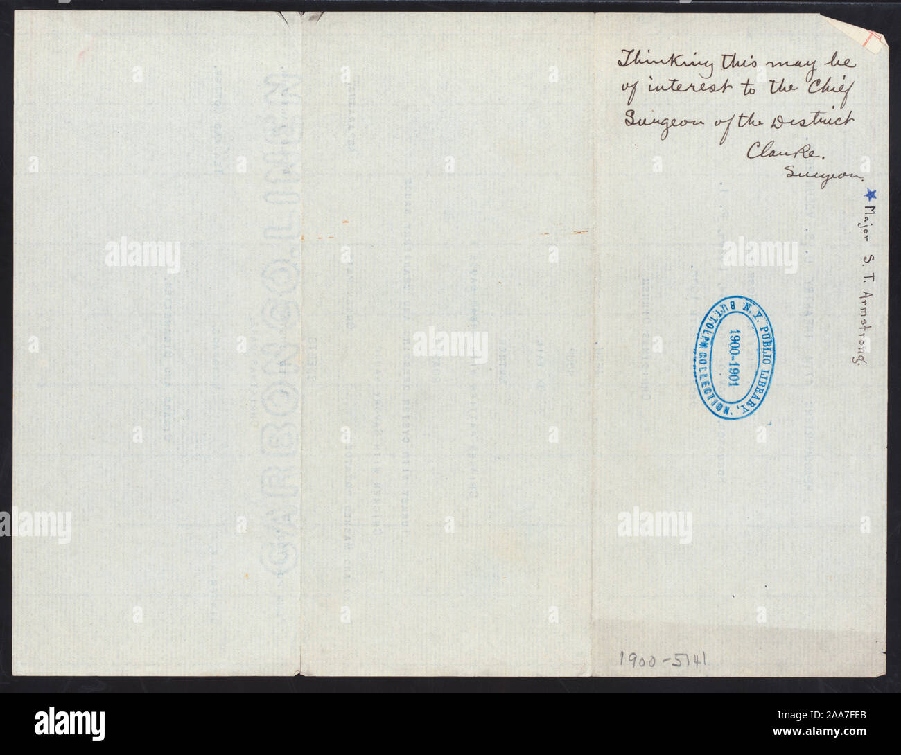 HANDWRITTEN NOTE READS THINKING THIS MAY BE OF INTEREST TO THE CHIEF SURGEON OF THE DISTRICT  WITH AN ILLEGIBLE SIGNATURE; NAME OF MAJOR S.T. ARMSTRONG NOTED BY FEB; CHRISTMAS DINNER [held by] HEADQUARTERS 47TH INFANTRY U.S. VOLUNTEERS [at] U.S.MILITARY HOSPITAL, SORSOGON, LUZON P.I. (FOR;) Stock Photo