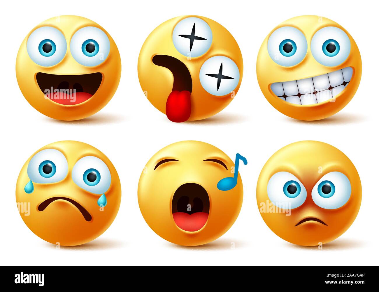 Smiley emoji face vector set. Smileys emojis or emoticon cute faces with happy, dizzy, singing, angry, surprise, sad and crying facial expression. Stock Vector