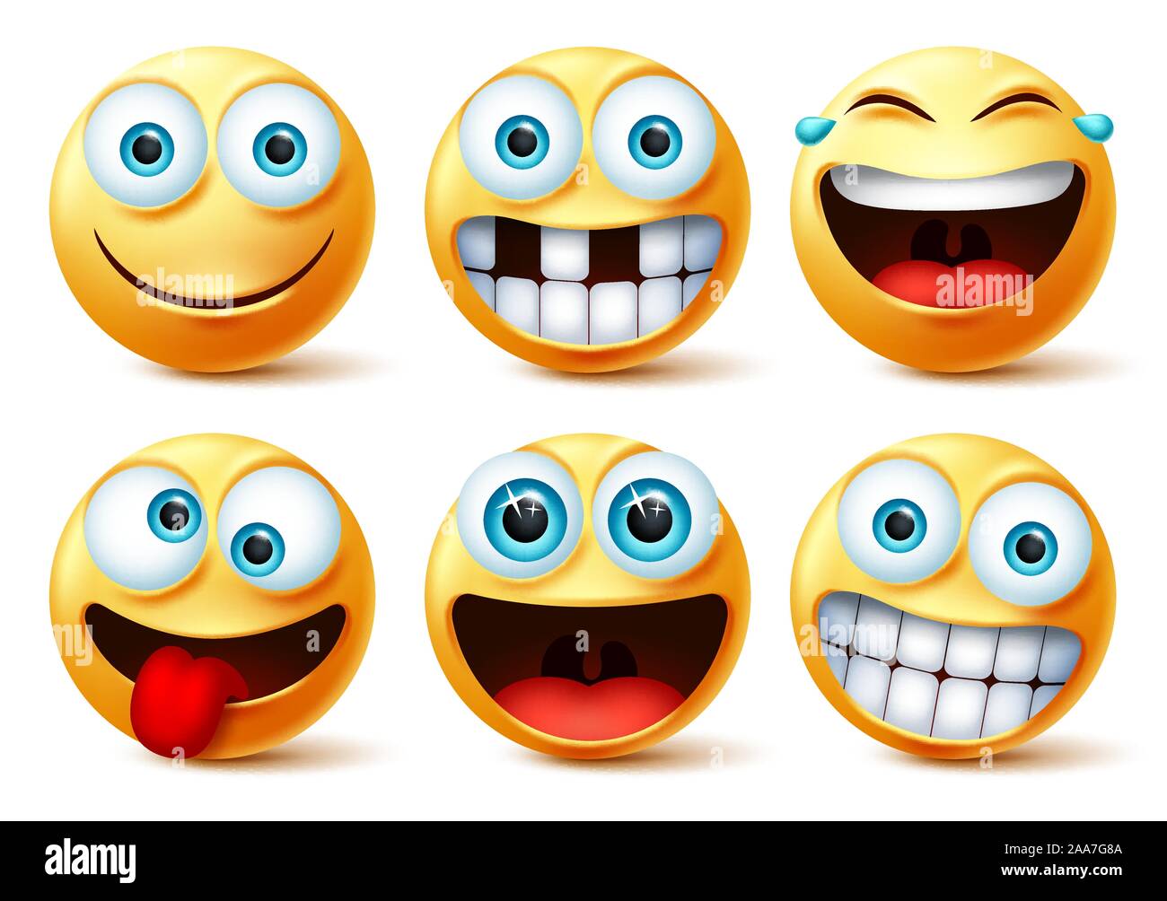 Smiley emojis vector face set. Smileys emoticons and emoji cute faces in crazy, funny, excited, laughing, and toothless facial expressions isolated. Stock Vector