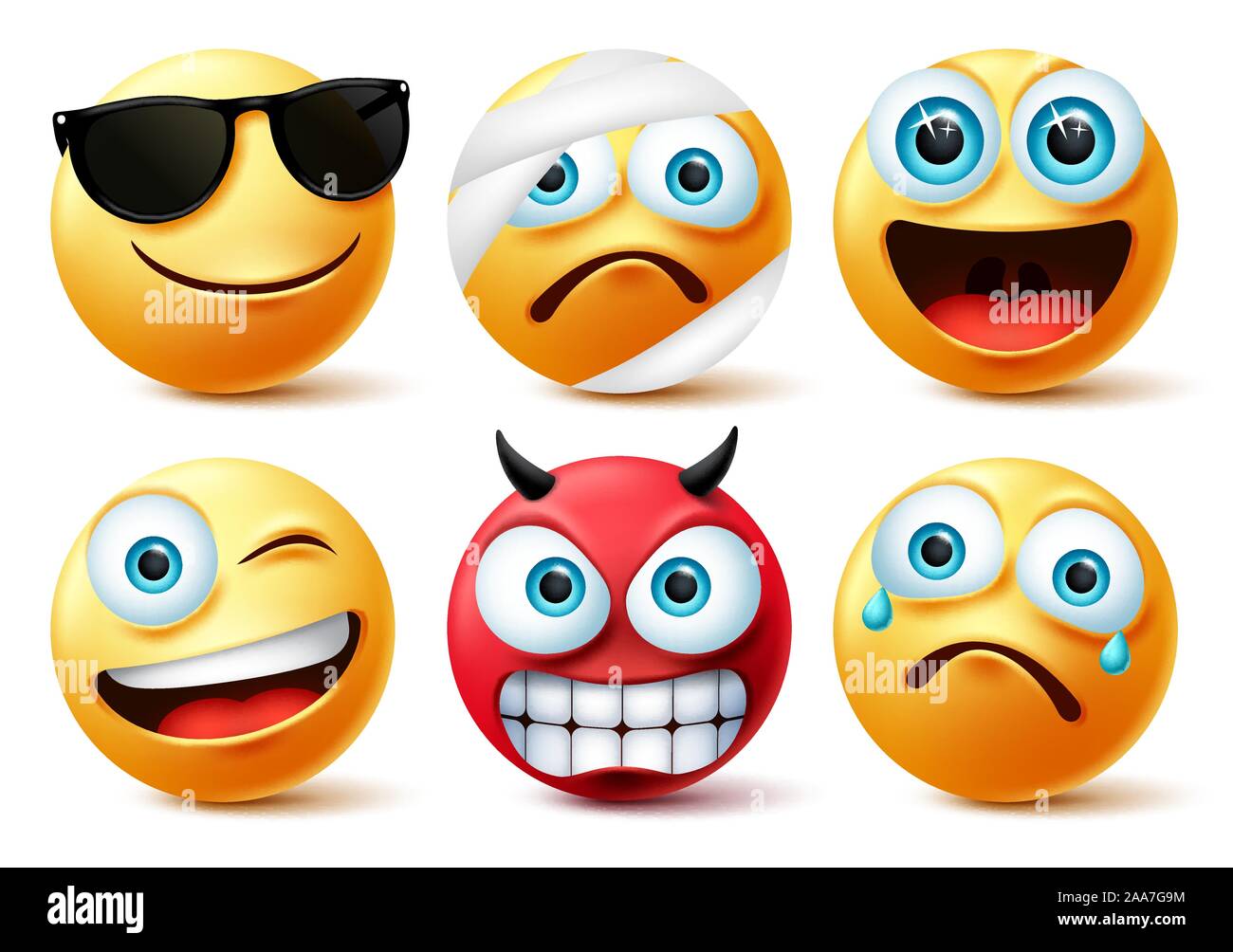 Smiley emoticon or emoji face vector set. Smileys yellow face icon and emoticons in devil, injured, surprise, angry and funny facial expressions. Stock Vector