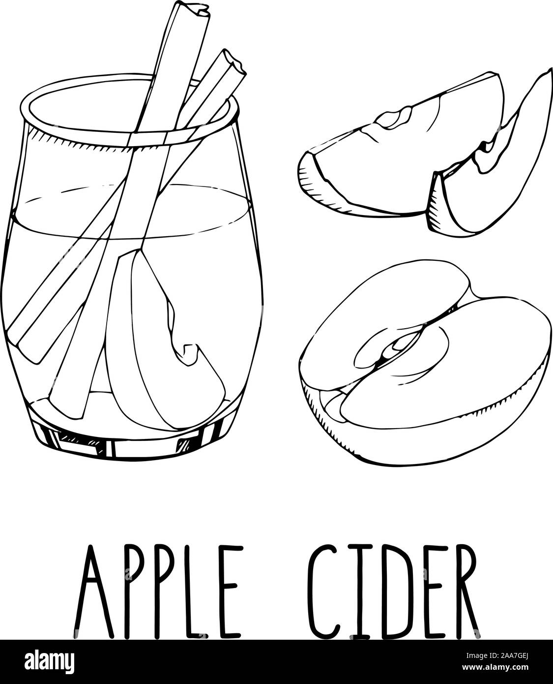 Set of hand drawn vector elements isolated on white. Apple cider with spices and fruit slices isolated on white. Popular winter alcoholic beverage. Ch Stock Vector