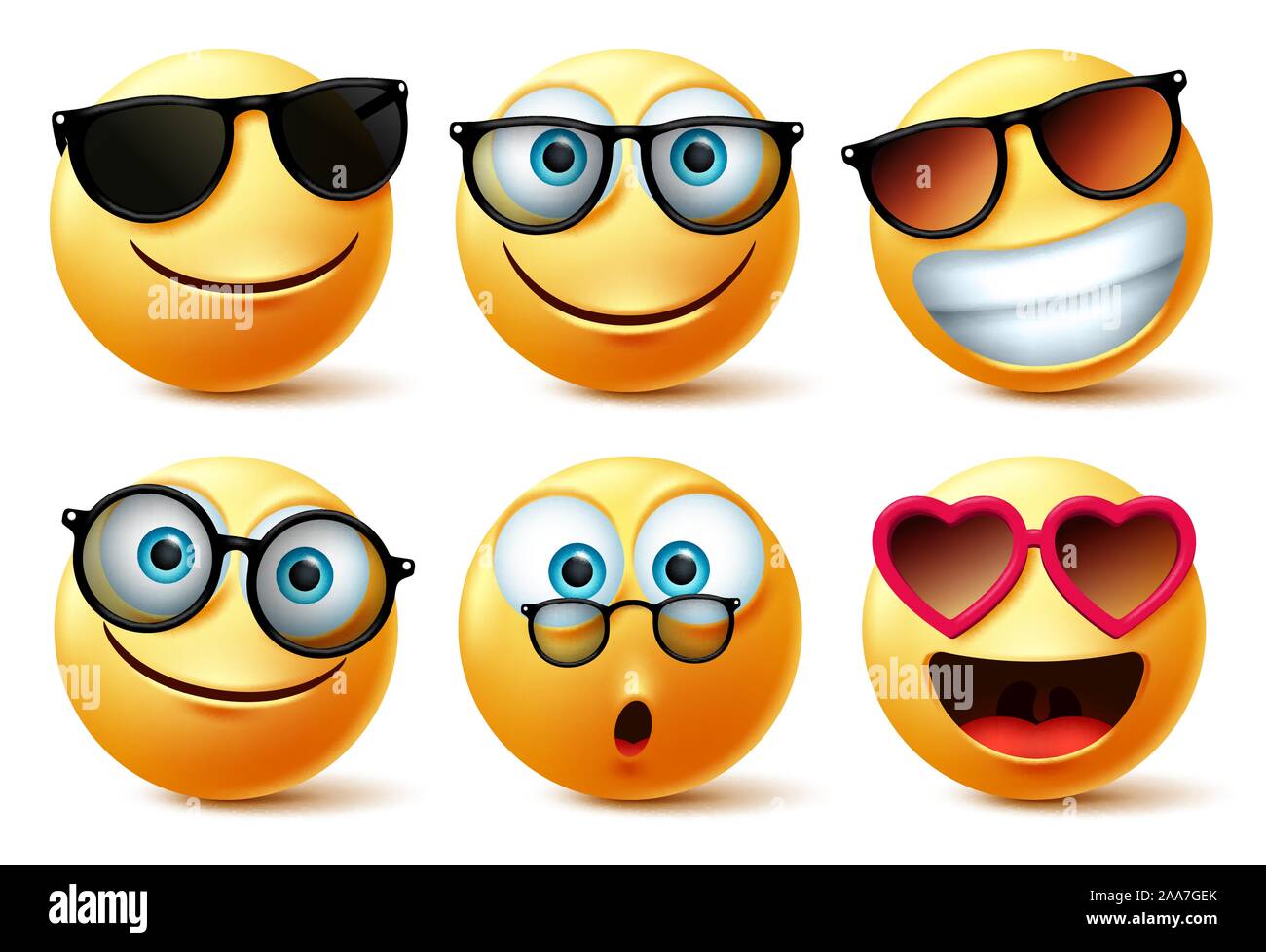 Smileys emoji or emoticon faces wearing sunglasses and eyeglasses vector set. Smileys emoticons or icon face head in surprise, cute, happy. Stock Vector