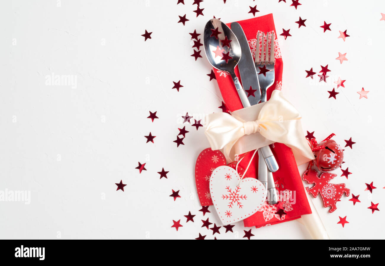 Christmas table place setting. Holidays background Stock Photo