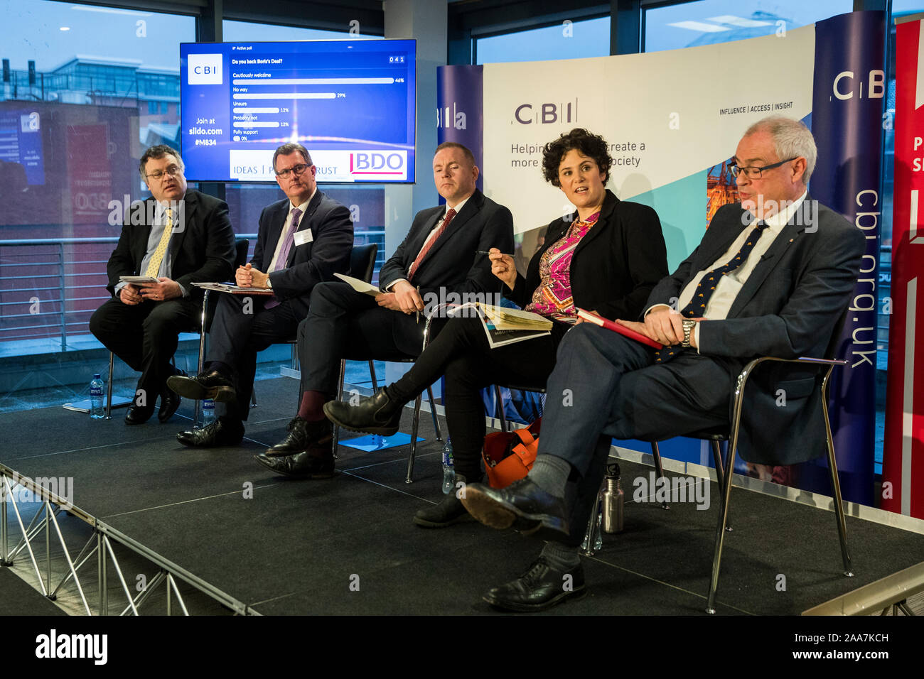 (left to right) Dr Stephen Farry and Alliance Party Deputy Leader), Sir Jeffrey Donaldson, Chris Hazzard, Claire Hanna and Dr Steve Aiken during the CBI NI business election hustings at the Law Society of Northern Ireland. Stock Photo