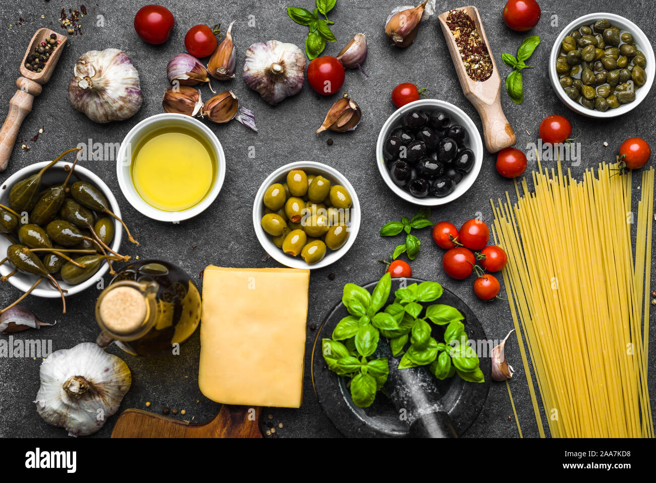Italian food or mediterranean diet background with ingredients, top ...