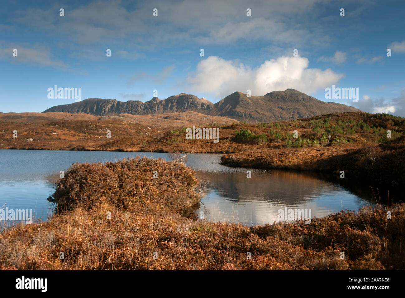 Spidean Coinich, Quinag, Sàil Gharbh and Sàil Ghorm seen from Leitir Easaidh All-Abilities path, Little Assynt Stock Photo
