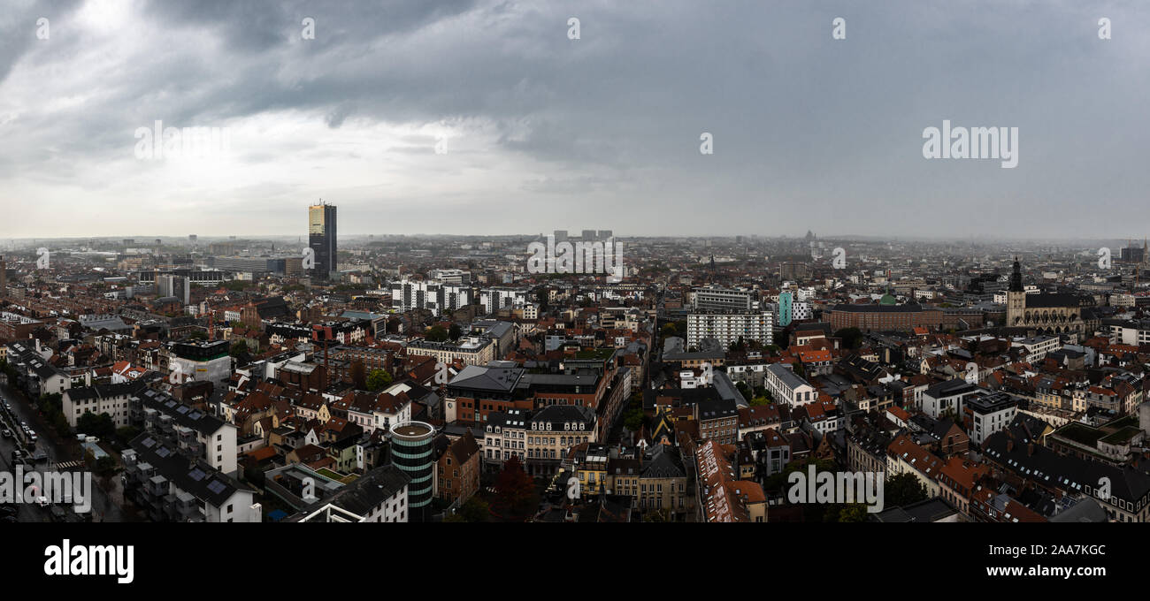 Brussels Capital Region / Belgium - 10 16 2019: Aerial view over the Brussels Skyline with changing rainy and foggy weather Stock Photo