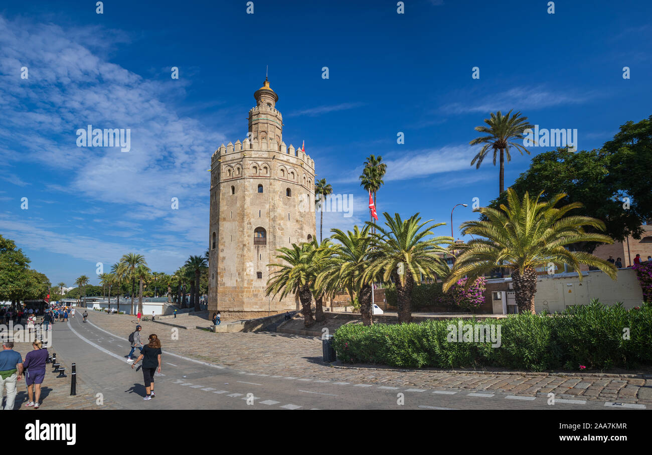 SEVILLA, SPAIN - CIRCA OCTOBER, 2019:  The Torre del Oro Tower of Sevilla in Andalusia, Spain Stock Photo