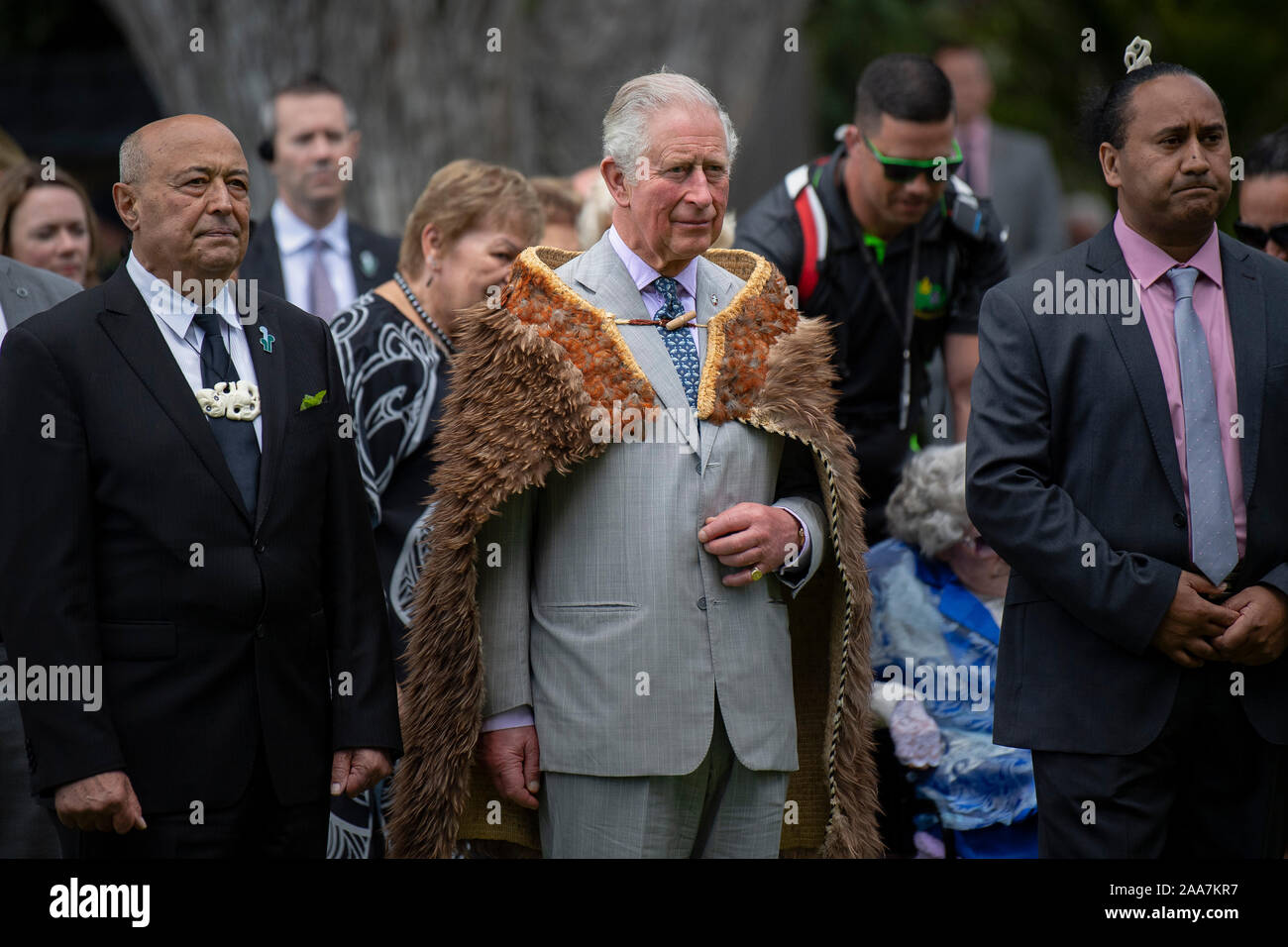 The Prince of Wales watching a powhiri, a Maori welcoming ceremony, during a visit to Waitangi Treaty Grounds, the Bay of Islands, on the fourth day of the royal visit to New Zealand. Stock Photo