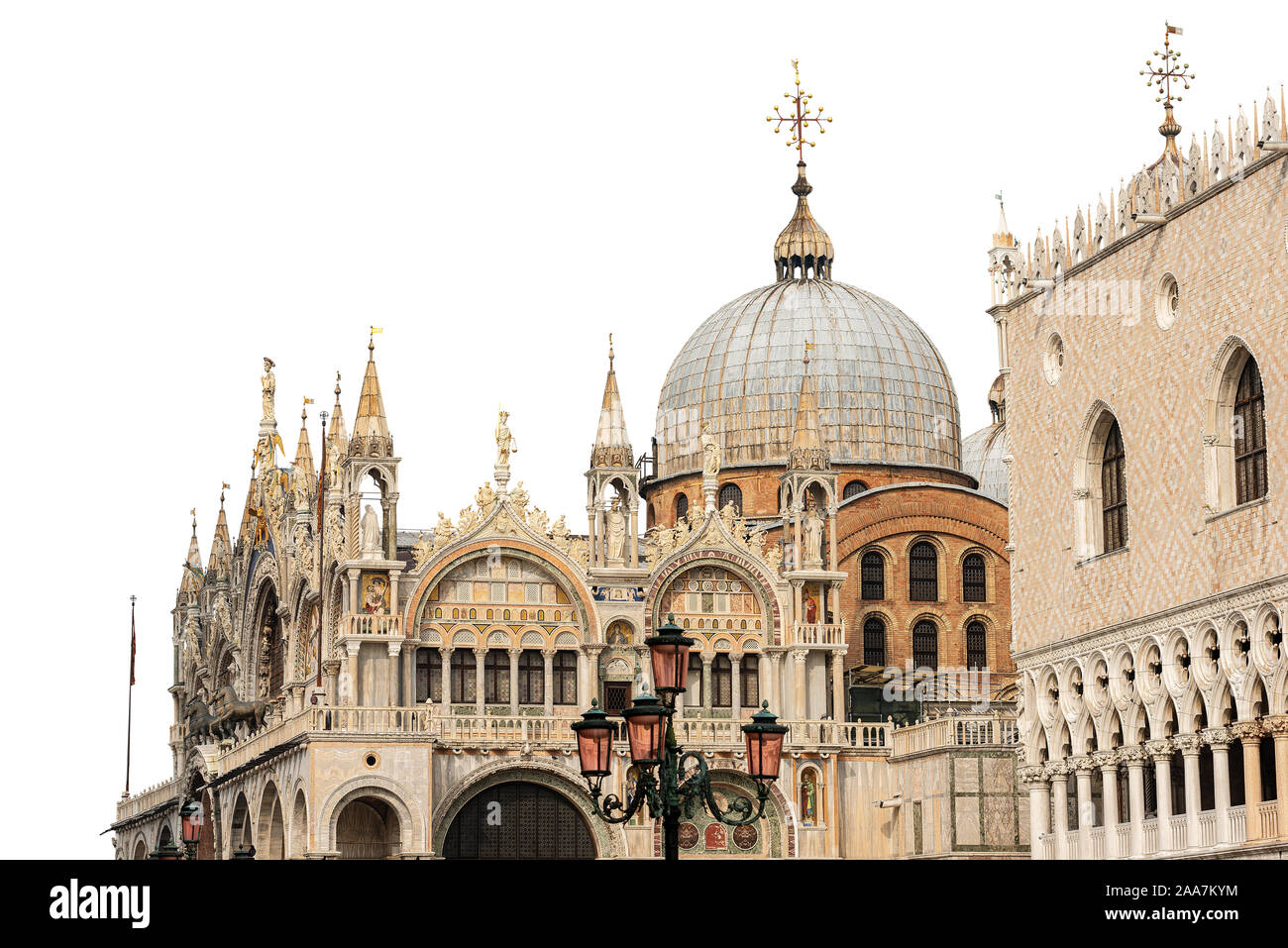 Venice, Basilica and Cathedral of San Marco (St. Mark the evangelist) and the Palazzo Ducale (Doge Palace) isolated on white background. Italy Stock Photo
