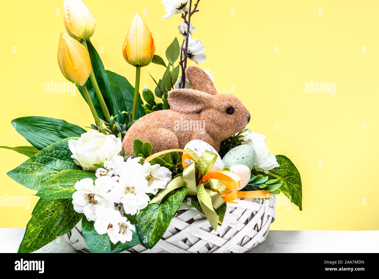 Easter background with spring easter bunny on yellow background Stock ...