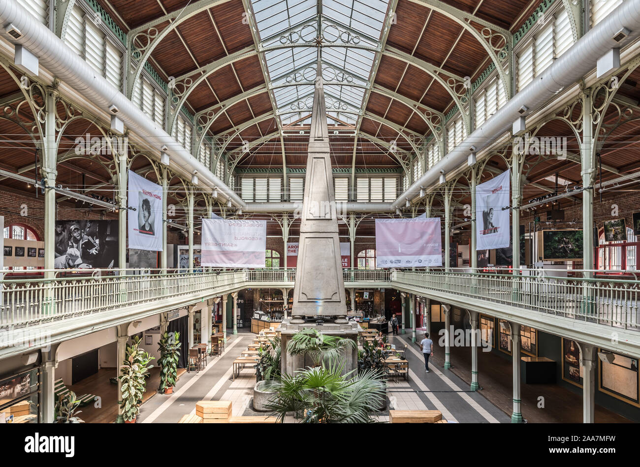 Brussels Old Town / Belgium - 06 25 2019: Interior design of the Halles Saint-Géry -  Sint Goriks Hallen  a commercial mall with restaurants, expositi Stock Photo