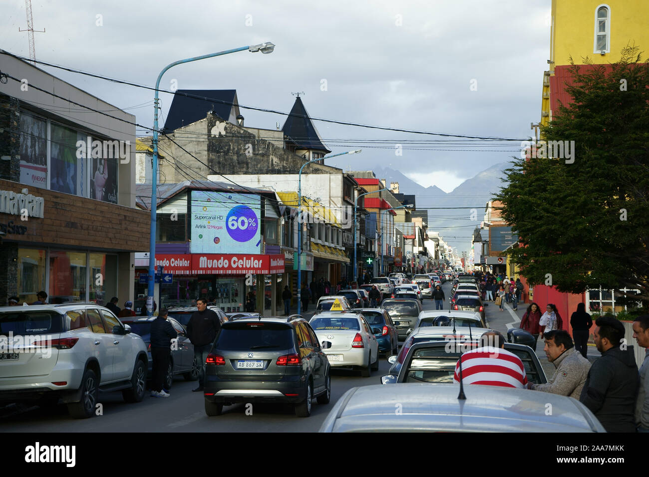 Ushuaia downtown street Avenue San Martin, Tierra del Fuego, Argentina Stock Photo