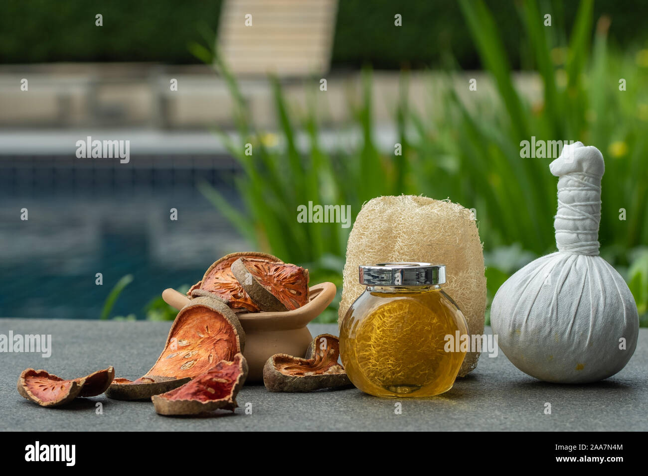 Natural medicine for spa therapy.Alternative medical lifestyle such as honey lemon ginger scrubber aroma and organic product for relax in Thailand and Stock Photo