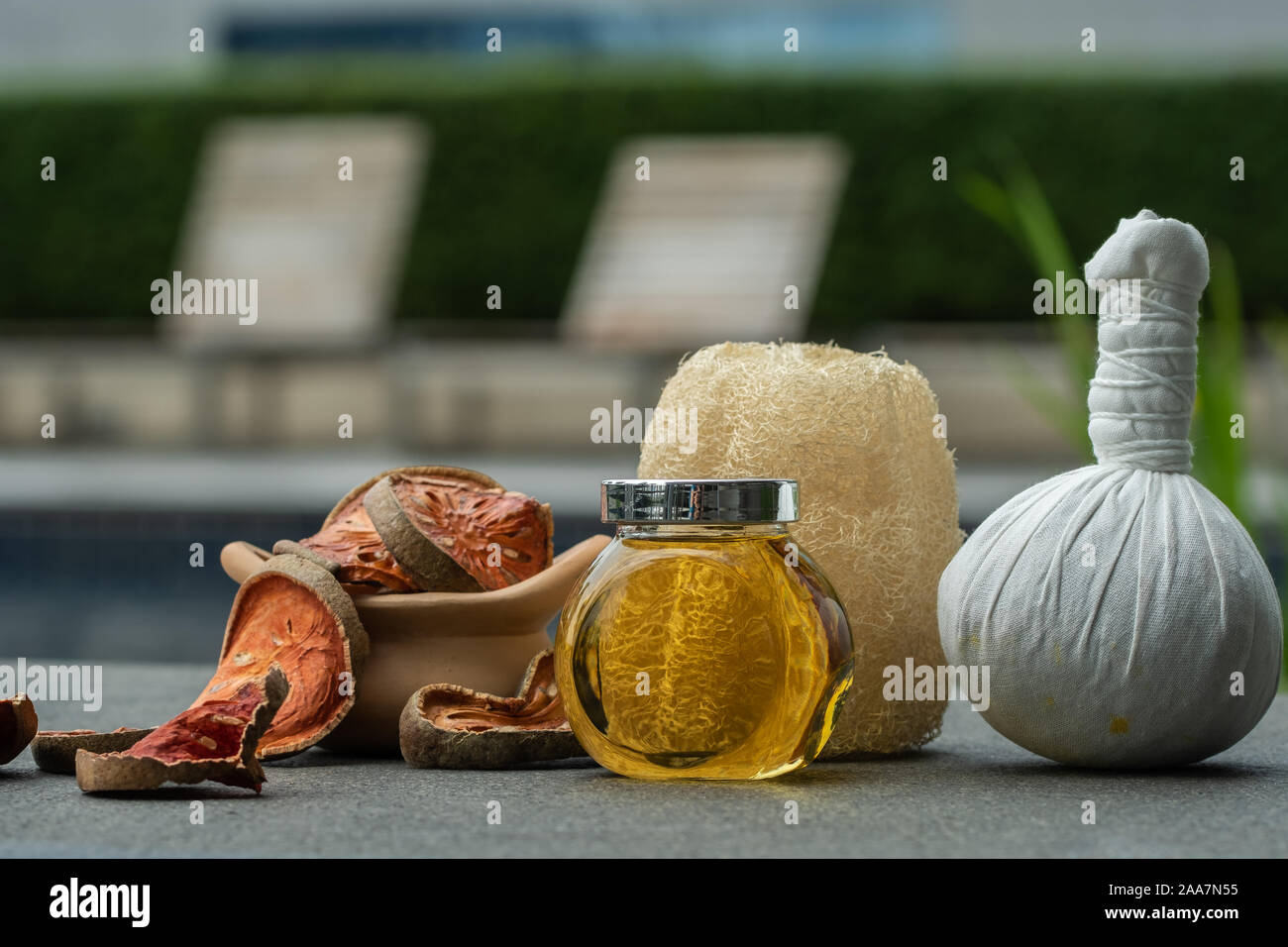 Natural medicine for spa therapy.Alternative medical lifestyle such as honey lemon ginger scrubber aroma and organic product for relax in Thailand and Stock Photo