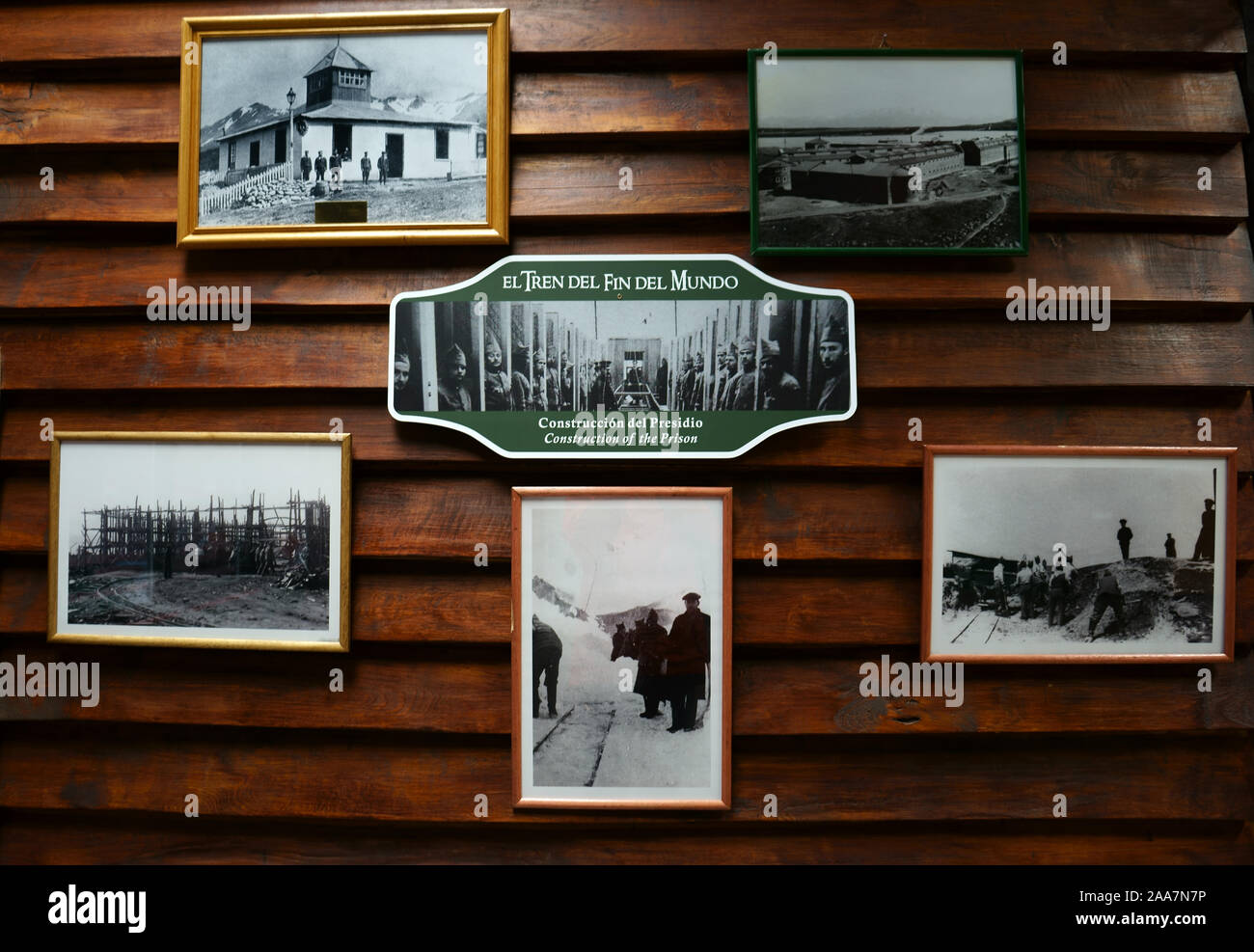 Historic photos displayed at trainstation of Tren del Fin del Mondo, Ushuaia, Tierra del Fuego, Argentina Stock Photo