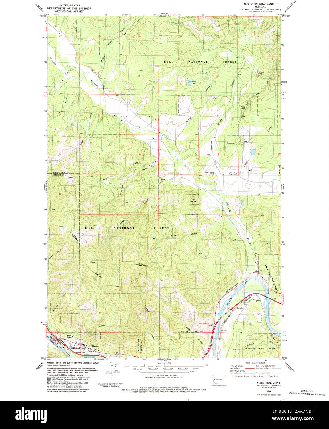 USGS TOPO Map Montana MT Alberton 262088 1984 24000 Restoration Stock Photo