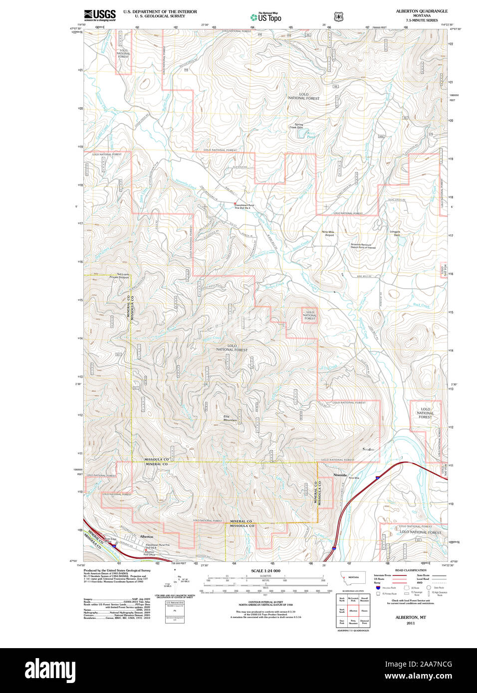 USGS TOPO Map Montana MT Alberton 20110711 TM Restoration Stock Photo