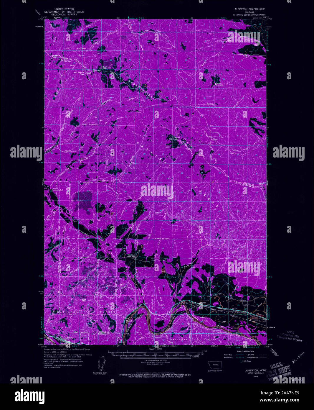 USGS TOPO Map Montana MT Alberton 267801 1959 62500 Inverted Restoration Stock Photo