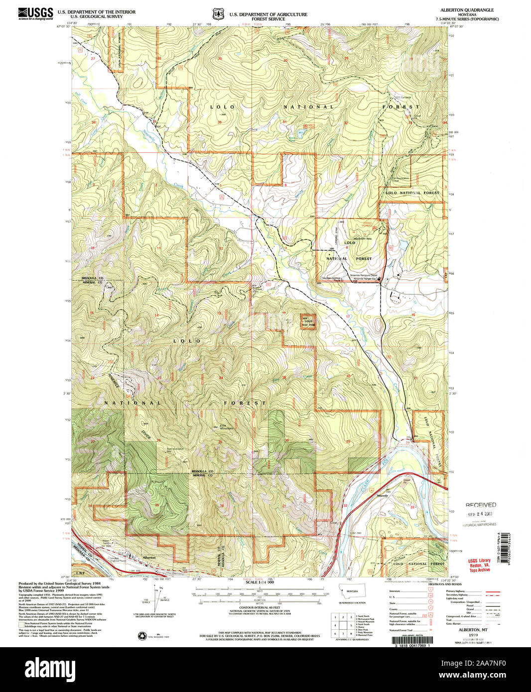 USGS TOPO Map Montana MT Alberton 262089 1999 24000 Restoration Stock Photo
